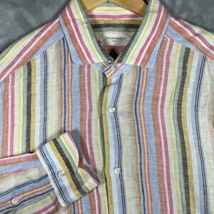 Guglielminotti Milano Mens Multi Color Striped 100% Linen Shirt Italy 44 17.5